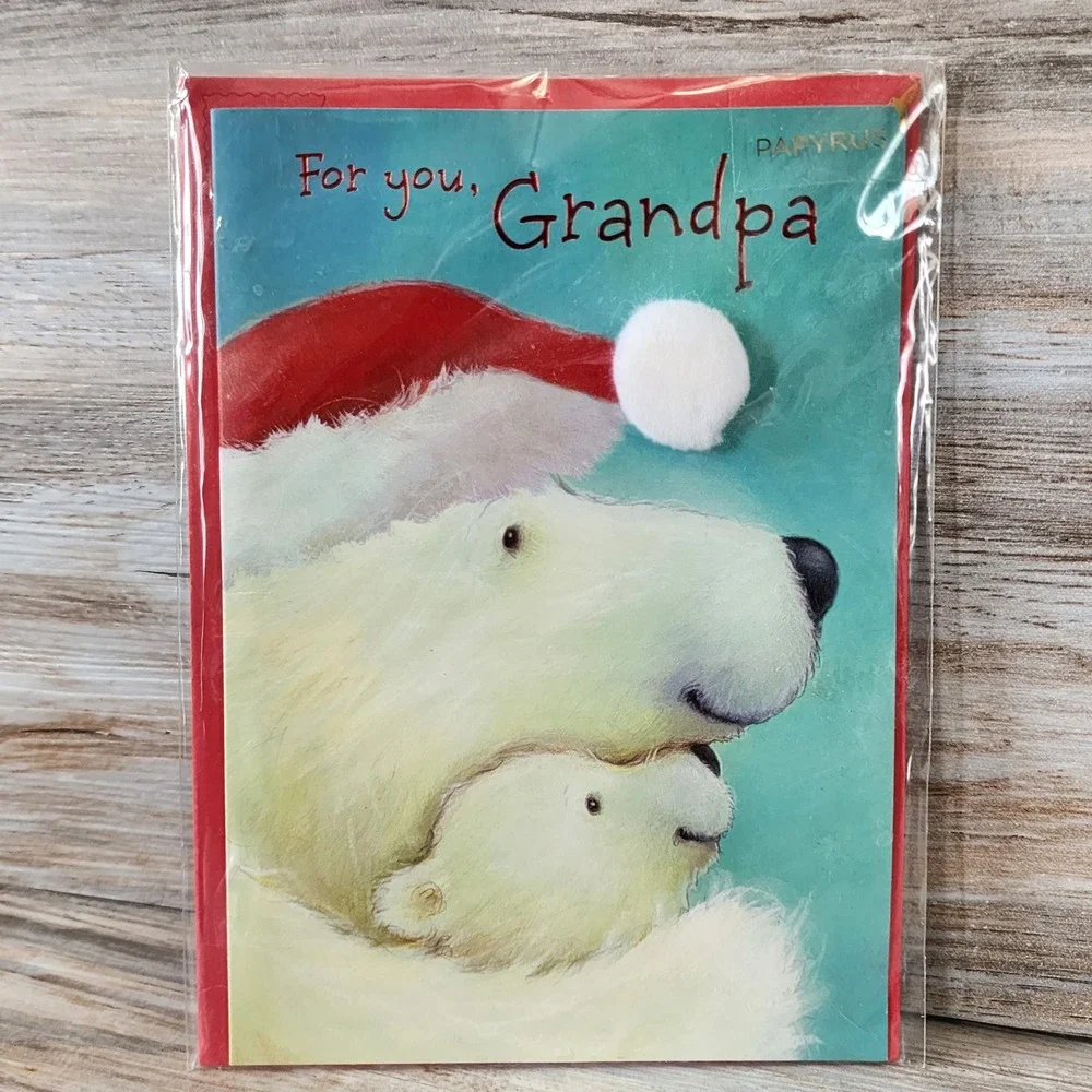Papyrus Christmas Card for Grandpa Polar Bear Santa Hat 3D Pom Pom 07000113